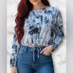Liberty Love Soft Tie Dye Cropped Pullover Top Tie Front Blue Size M
